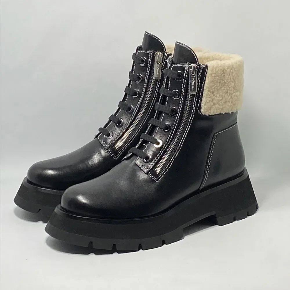 3.1 Phillip Lim Kate Zip Lug-Sole Shearling-Trimmed Leather Combat Boots size 39
